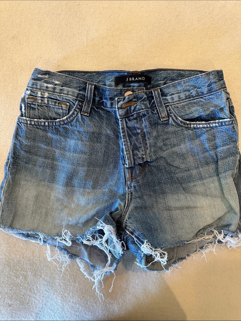 J Brand High Rise Medium Blue Frayed Denim Shorts in Reflection SZ 25